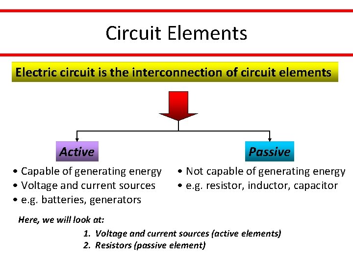 Circuit Elements Electric circuit is the interconnection of circuit elements Active • Capable of