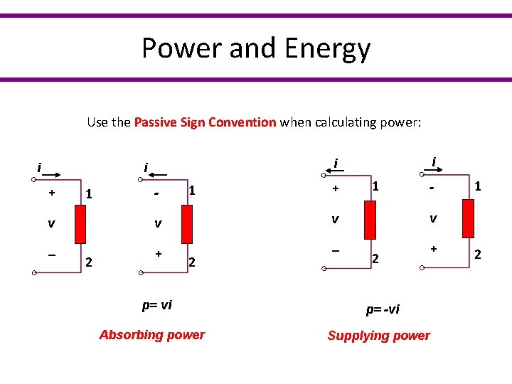 Power and Energy Use the Passive Sign Convention when calculating power: i + 1