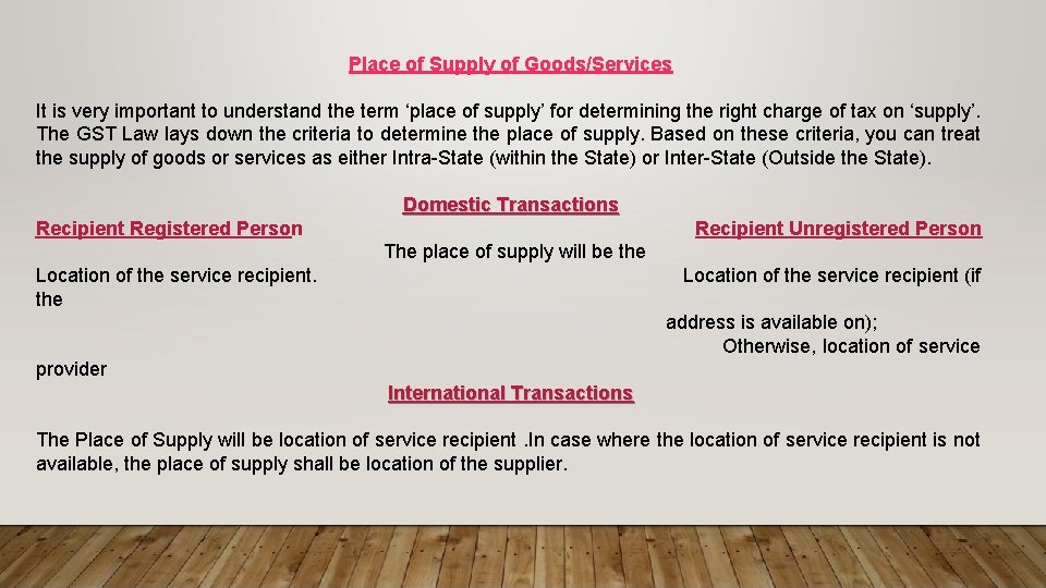 Place of Supply of Goods/Services It is very important to understand the term ‘place
