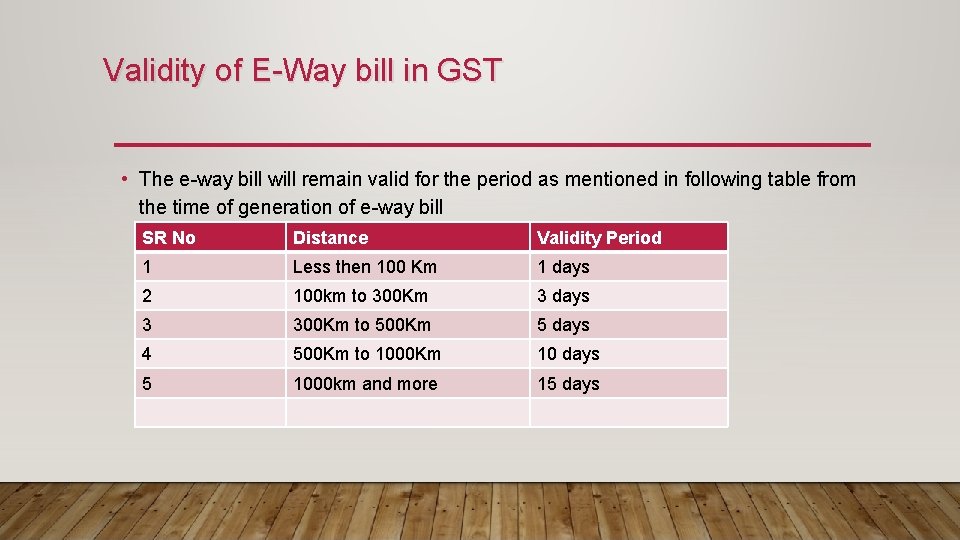 Validity of E-Way bill in GST • The e-way bill will remain valid for