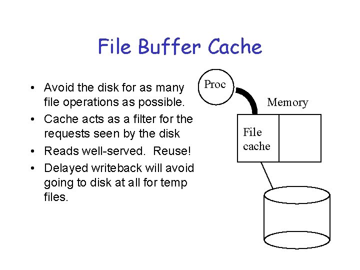 File Buffer Cache Proc • Avoid the disk for as many file operations as