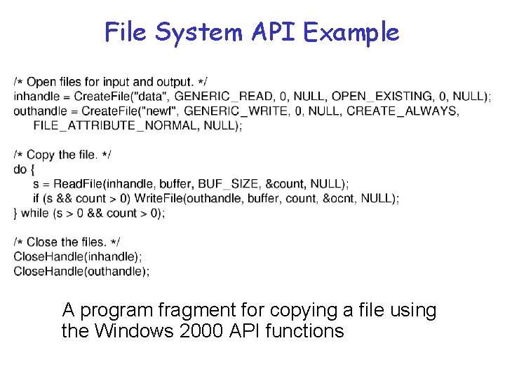 File System API Example A program fragment for copying a file using the Windows