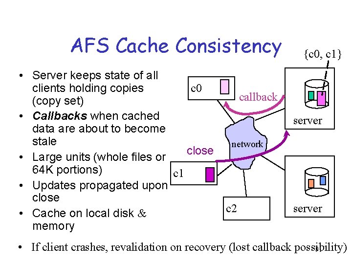 AFS Cache Consistency • Server keeps state of all c 0 clients holding copies