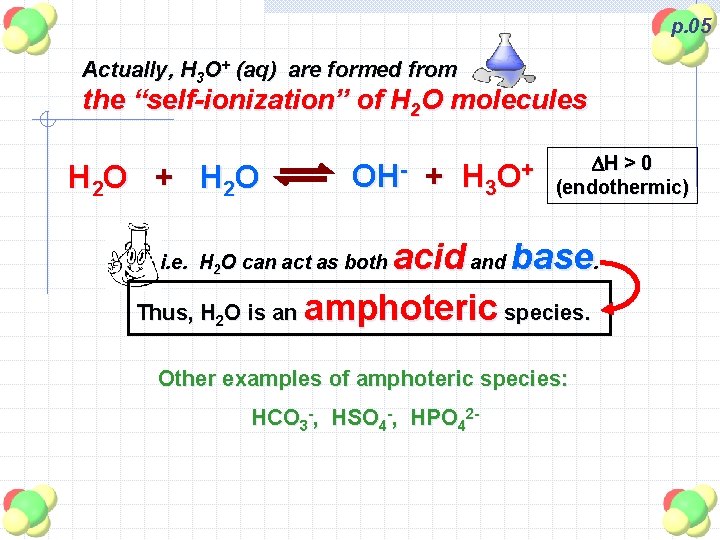 p. 05 Actually, H 3 O+ (aq) are formed from the “self-ionization” of H