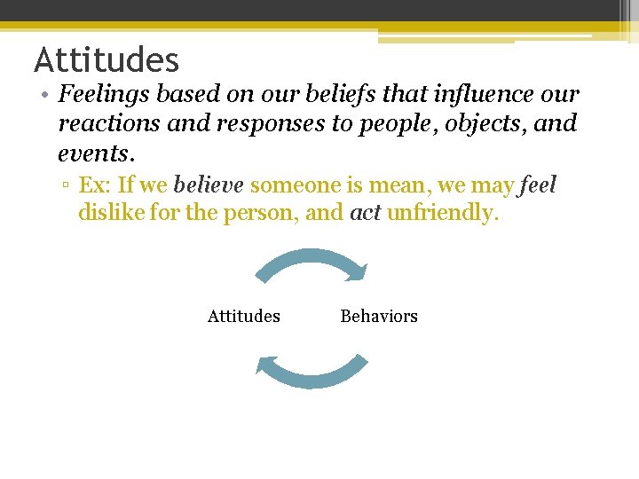 Attitudes • Feelings based on our beliefs that influence our reactions and responses to