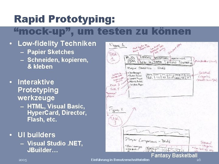 Rapid Prototyping: “mock-up”, um testen zu können • Low-fidelity Techniken – Papier Sketches –