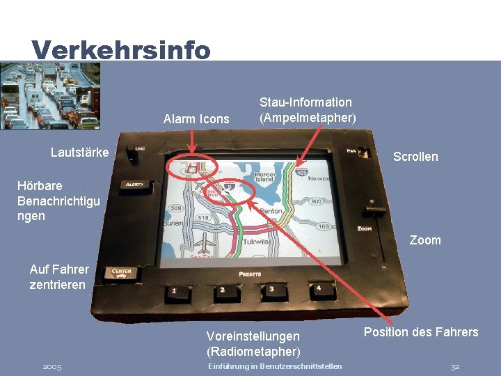 Verkehrsinfo Alarm Icons Stau-Information (Ampelmetapher) Lautstärke Scrollen Hörbare Benachrichtigu ngen Zoom Auf Fahrer zentrieren
