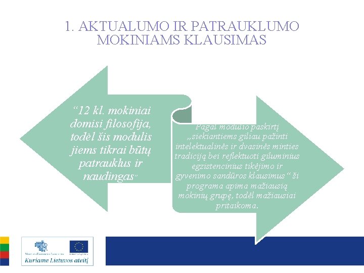 1. AKTUALUMO IR PATRAUKLUMO MOKINIAMS KLAUSIMAS “ 12 kl. mokiniai domisi filosofija, todėl šis