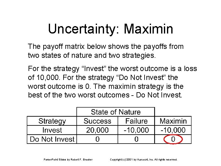 Uncertainty: Maximin The payoff matrix below shows the payoffs from two states of nature