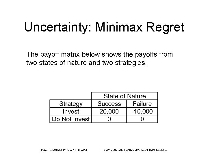 Uncertainty: Minimax Regret The payoff matrix below shows the payoffs from two states of