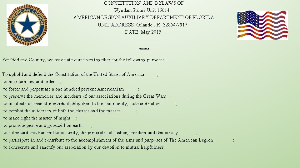 CONSTITUTION AND BYLAWS OF Wyndam Palms Unit 16014 AMERICAN LEGION AUXILIARY DEPARTMENT OF FLORIDA