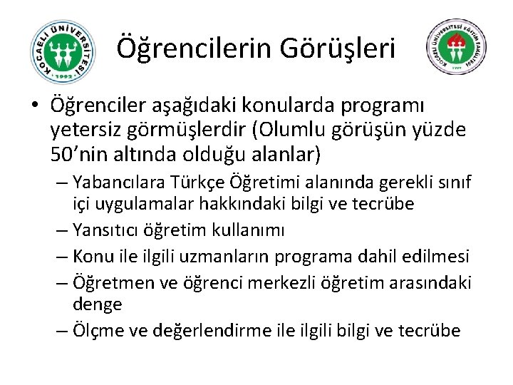 Öğrencilerin Görüşleri • Öğrenciler aşağıdaki konularda programı yetersiz görmüşlerdir (Olumlu görüşün yüzde 50’nin altında