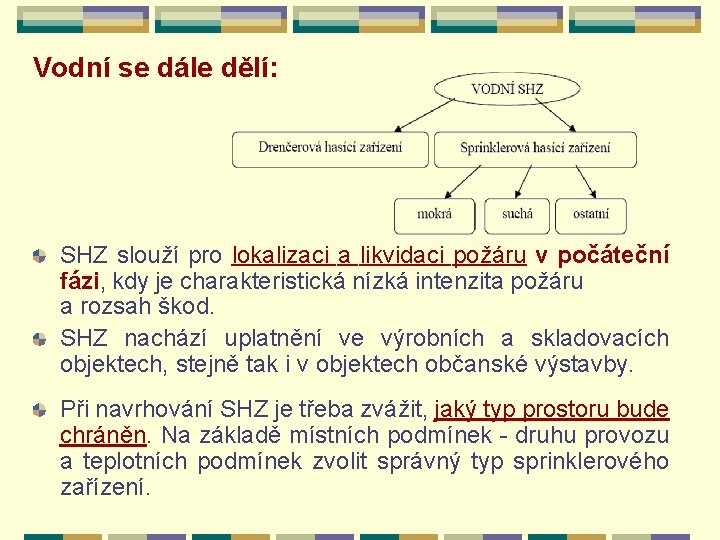 Vodní se dále dělí: SHZ slouží pro lokalizaci a likvidaci požáru v počáteční fázi,