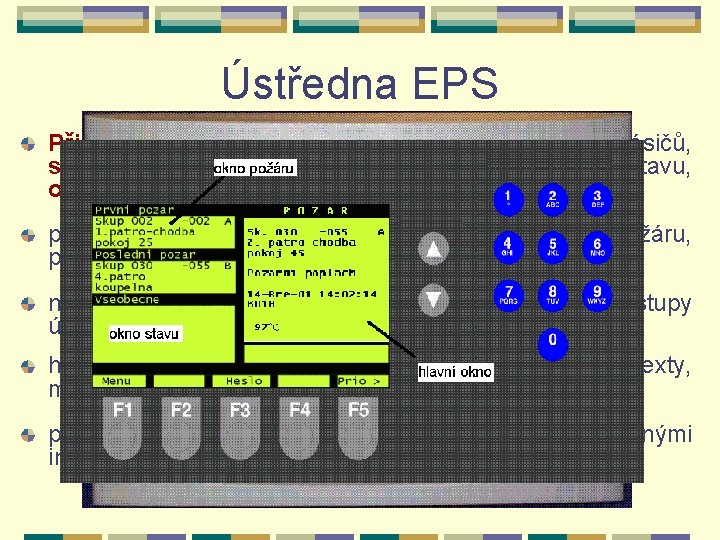 Ústředna EPS Přijímá a vyhodnocuje výstupní elektrické signály hlásičů, signalizuje a vysílá informace o