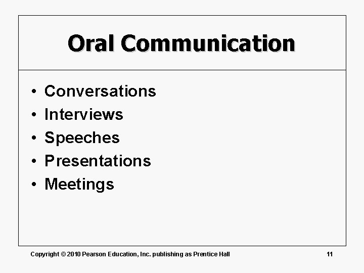 Oral Communication • • • Conversations Interviews Speeches Presentations Meetings Copyright © 2010 Pearson