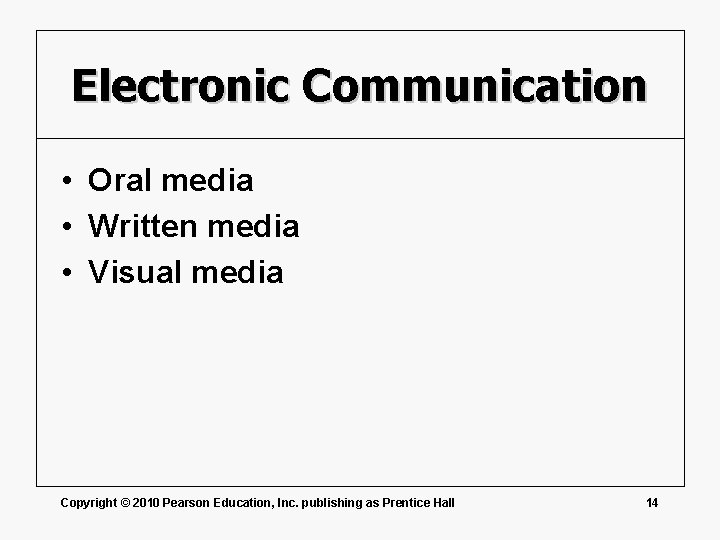 Electronic Communication • Oral media • Written media • Visual media Copyright © 2010