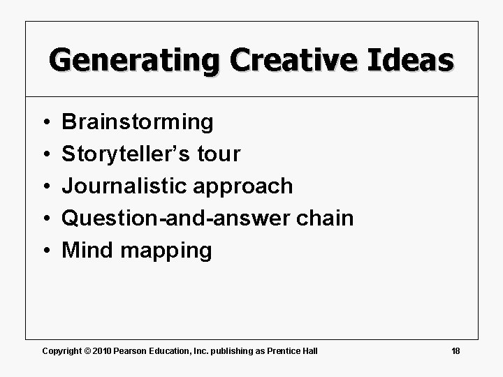 Generating Creative Ideas • • • Brainstorming Storyteller’s tour Journalistic approach Question-and-answer chain Mind