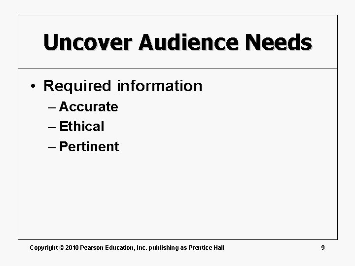 Uncover Audience Needs • Required information – Accurate – Ethical – Pertinent Copyright ©