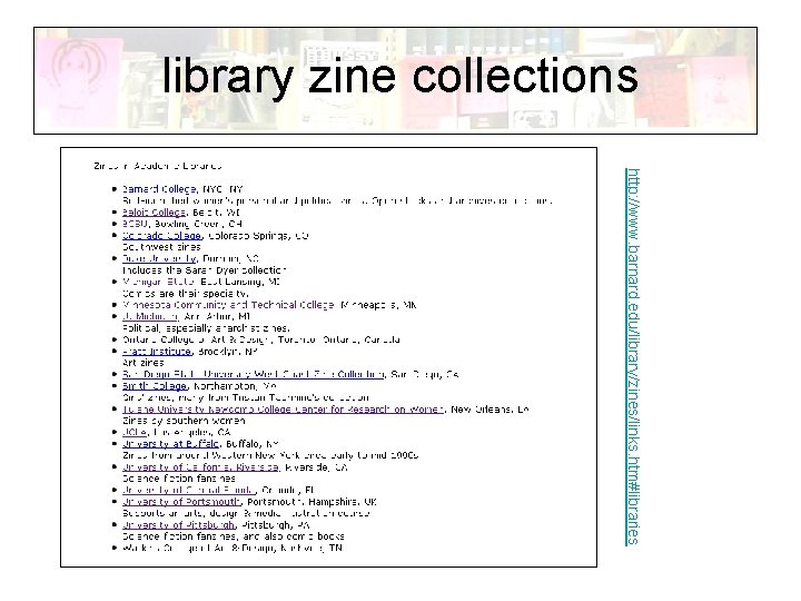 library zine collections http: //www. barnard. edu/library/zines/links. htm#libraries 