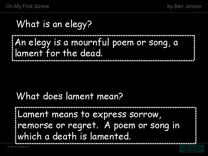 On My First Sonne by Ben Jonson What is an elegy? An elegy is