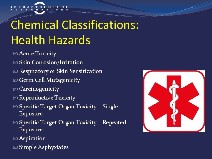 Chemical Classifications: Health Hazards Acute Toxicity Skin Corrosion/Irritation Respiratory or Skin Sensitization Germ Cell