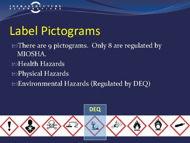 Label Pictograms There are 9 pictograms. Only 8 are regulated by MIOSHA. Health Hazards