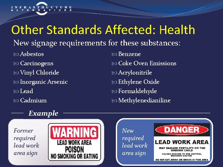 Other Standards Affected: Health New signage requirements for these substances: Asbestos Benzene Carcinogens Coke