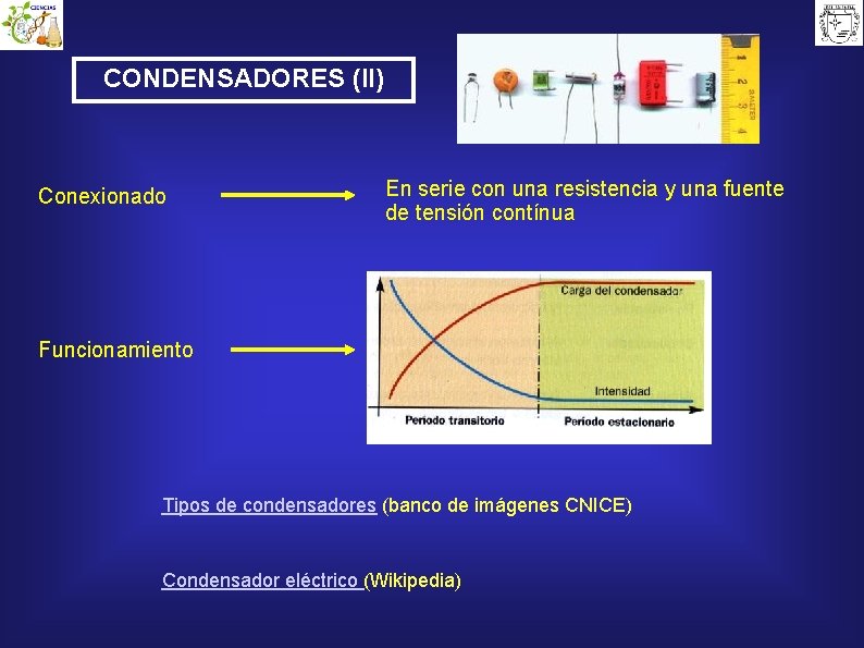 CONDENSADORES (II) Conexionado En serie con una resistencia y una fuente de tensión contínua