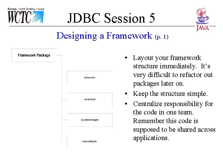 JDBC Session 5 Designing a Framework (p. 1) • Layout your framework structure immediately.