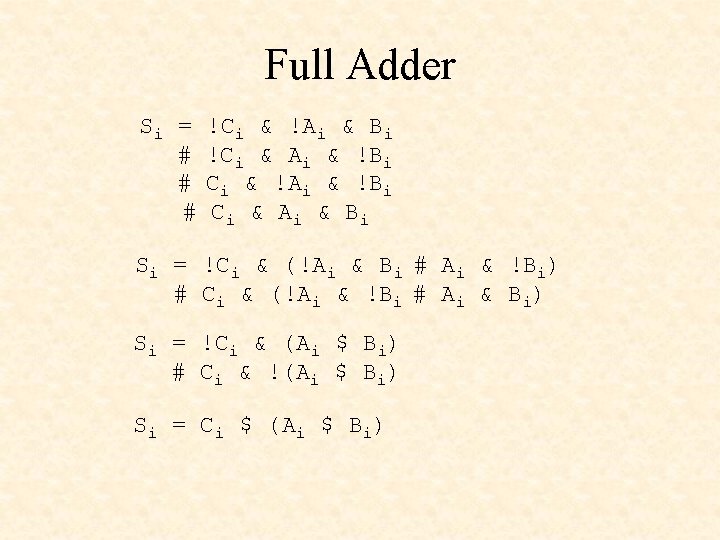 Full Adder Si = # # # !Ci & !Ai & Bi !Ci &