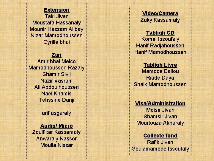 Extension Taki Jivan Moustafa Hassanaly Mounir Hassam Alibay Nizar Mamodhoussen Cyrille bhai Zari Amir