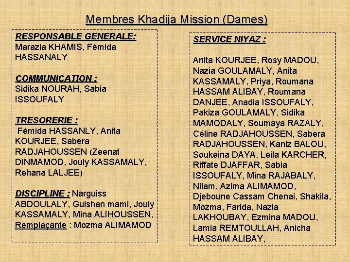 Membres Khadija Mission (Dames) RESPONSABLE GENERALE: Marazia KHAMIS, Fémida HASSANALY COMMUNICATION : Sidika NOURAH,