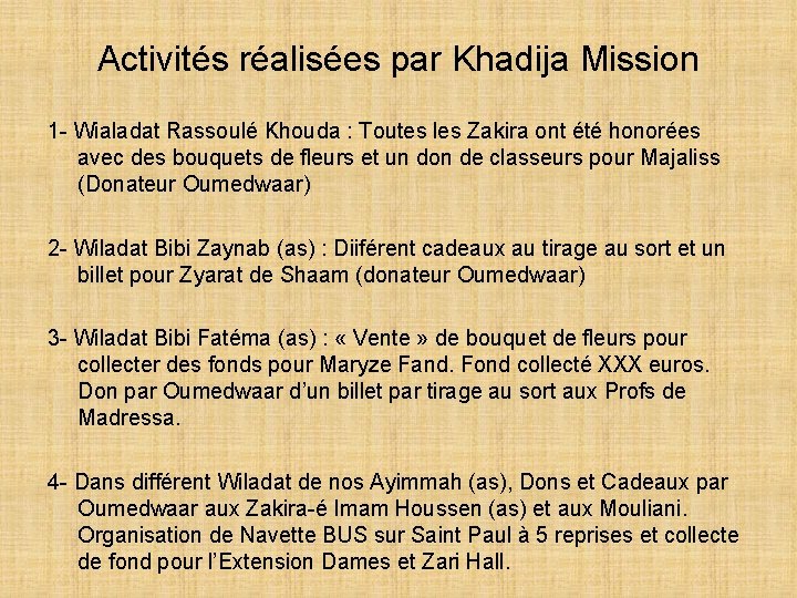 Activités réalisées par Khadija Mission 1 - Wialadat Rassoulé Khouda : Toutes les Zakira