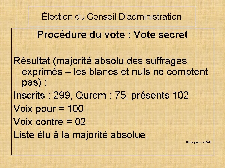 Élection du Conseil D’administration Procédure du vote : Vote secret Résultat (majorité absolu des