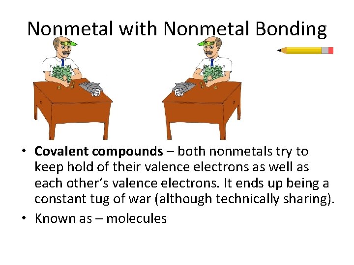 Nonmetal with Nonmetal Bonding • Covalent compounds – both nonmetals try to keep hold