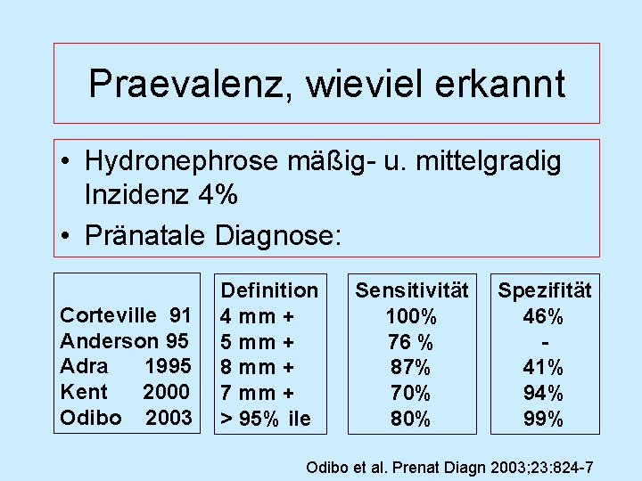 Praevalenz, wieviel erkannt • Hydronephrose mäßig- u. mittelgradig Inzidenz 4% • Pränatale Diagnose: Corteville