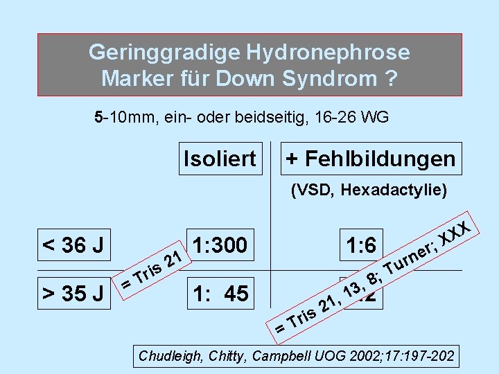 Geringgradige Hydronephrose Marker für Down Syndrom ? 5 -10 mm, ein- oder beidseitig, 16