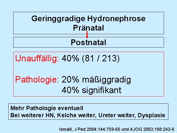 Geringgradige Hydronephrose Pränatal Postnatal Unauffällig: 40% (81 / 213) Pathologie: 20% mäßiggradig 40% signifikant