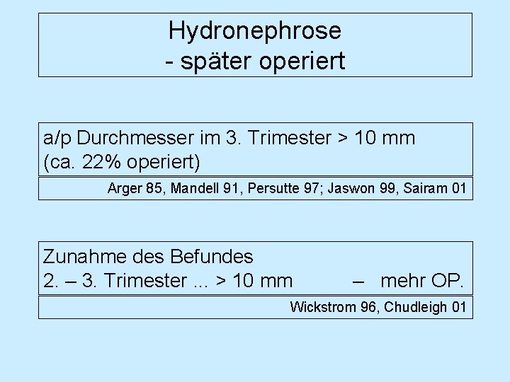 Hydronephrose - später operiert a/p Durchmesser im 3. Trimester > 10 mm (ca. 22%