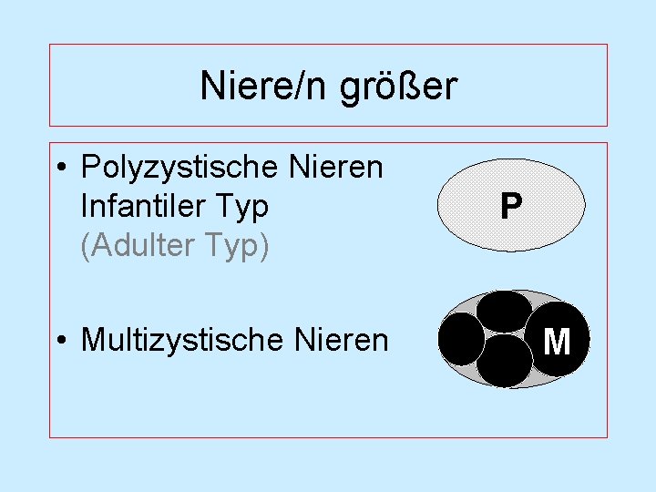 Niere/n größer • Polyzystische Nieren Infantiler Typ (Adulter Typ) • Multizystische Nieren P M