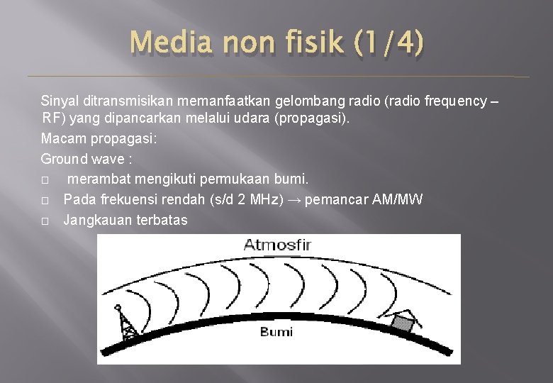 Media non fisik (1/4) Sinyal ditransmisikan memanfaatkan gelombang radio (radio frequency – RF) yang