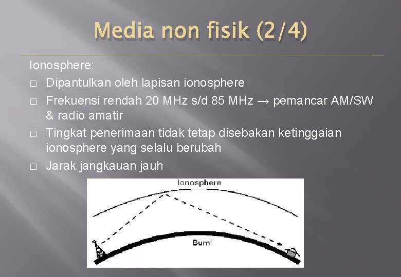 Media non fisik (2/4) Ionosphere: � Dipantulkan oleh lapisan ionosphere � Frekuensi rendah 20