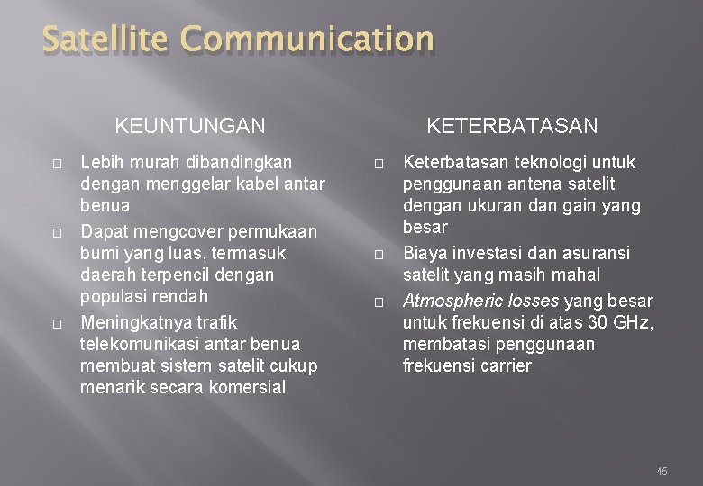 Satellite Communication KEUNTUNGAN � � � Lebih murah dibandingkan dengan menggelar kabel antar benua