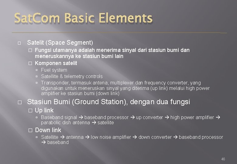 Sat. Com Basic Elements � Satelit (Space Segment) Fungsi utamanya adalah menerima sinyal dari