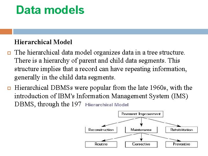 Data models Hierarchical Model The hierarchical data model organizes data in a tree structure.