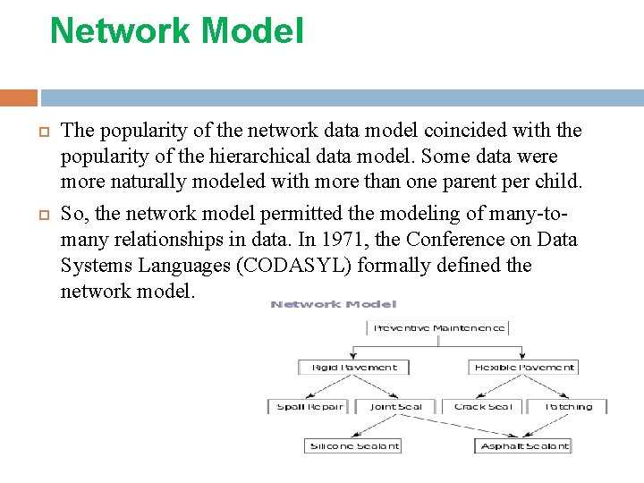 Network Model The popularity of the network data model coincided with the popularity of