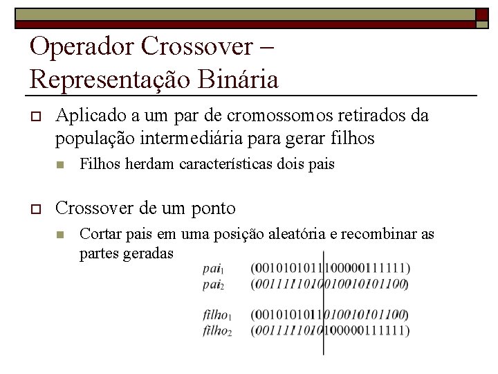 Operador Crossover – Representação Binária o Aplicado a um par de cromossomos retirados da