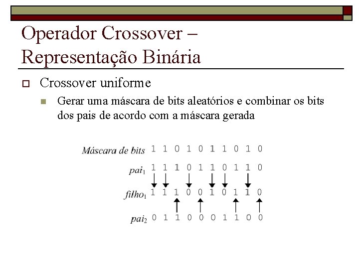 Operador Crossover – Representação Binária o Crossover uniforme n Gerar uma máscara de bits