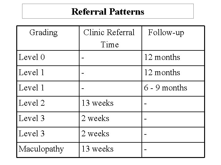 Referral Patterns Grading Level 0 Clinic Referral Time - Follow-up 12 months Level 1