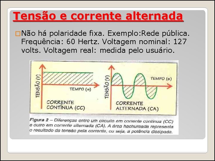 Tensão e corrente alternada � Não há polaridade fixa. Exemplo: Rede pública. Frequência: 60